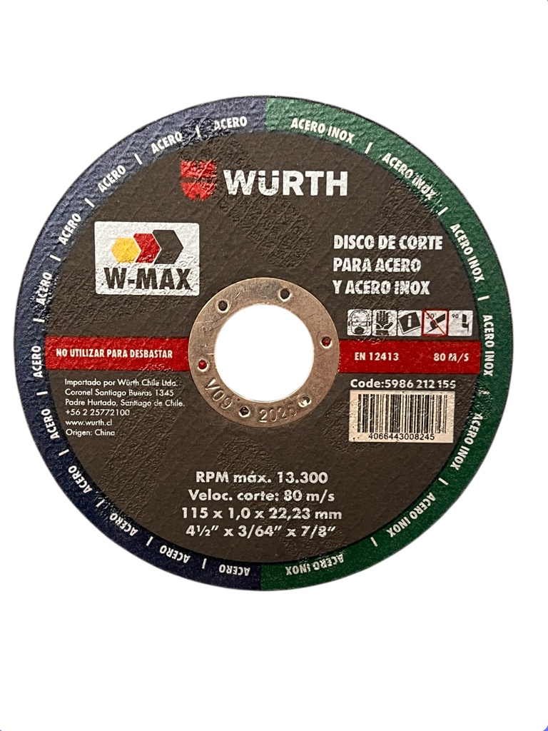 DISCO CORTE 4 1/2" X 1MM WURTH